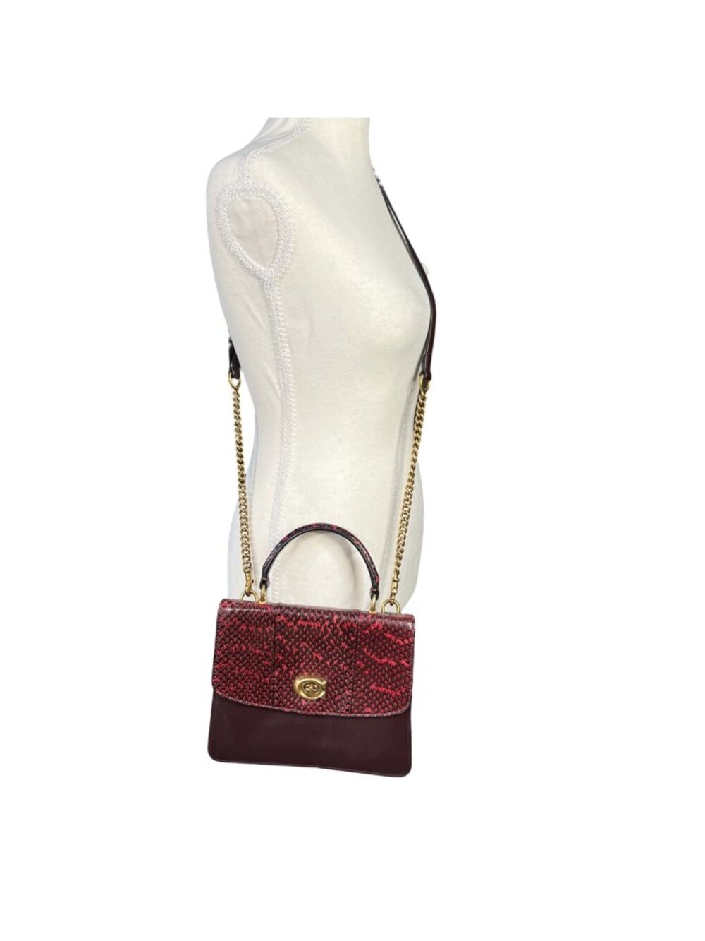 Coach Parker Top Handle Snakeskin Flap Deep Burgundy 79282